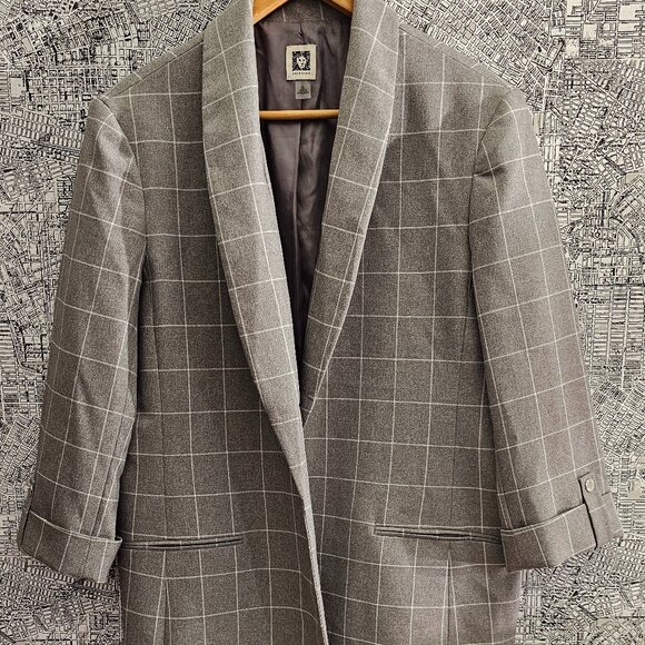 Oversized Anne Klein Gathered Sleeve Checkered Blazer - Picture 1 of 5